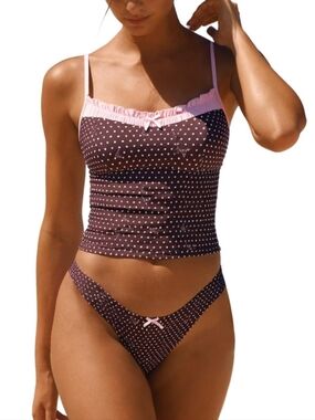 NWT Seamolly Polka Dot Ruched Ruffles Bowknot Skimpy Tankini Set Brown Pink - L